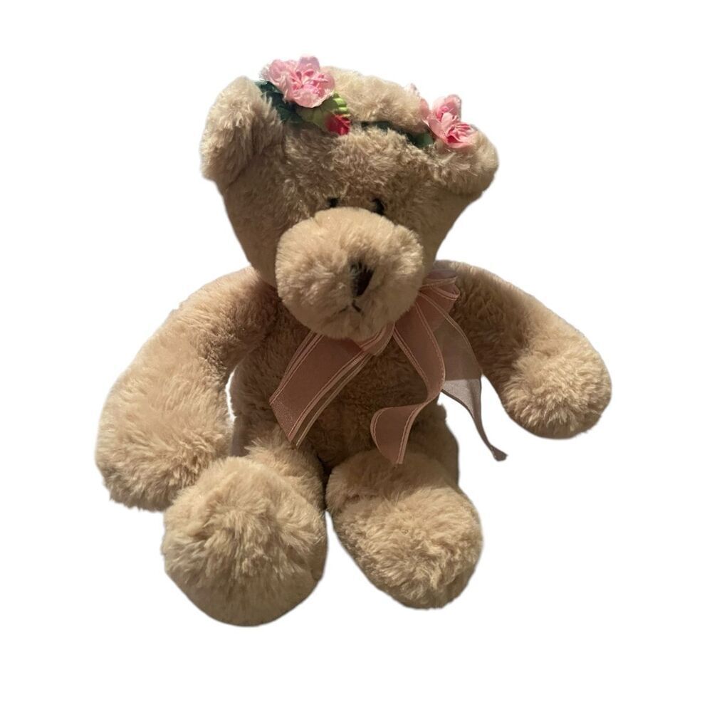 Burton + Burton Beige Pink Flower Crown Teddy Bear Stuffed Animal Plush Toy 14"